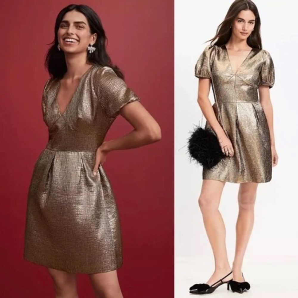 Loft dress, 6P, metallic jacquard V neck mini flare